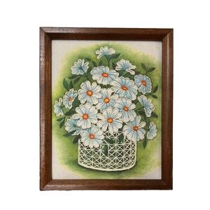 Vintage Wood Framed Embroidery Daisy Bouquet Spring April Floral CottageCore